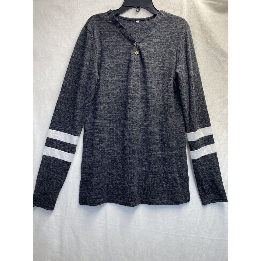 V-Neck Two Button Long Sleeve T-Shirt Women Small Dark Gray Side Slit Stretch